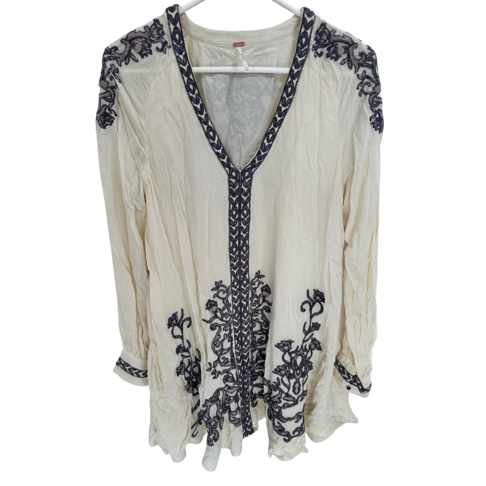 Free People Embroidered Tunic Dress Cream V Neck Long Sleeve Boho Size S